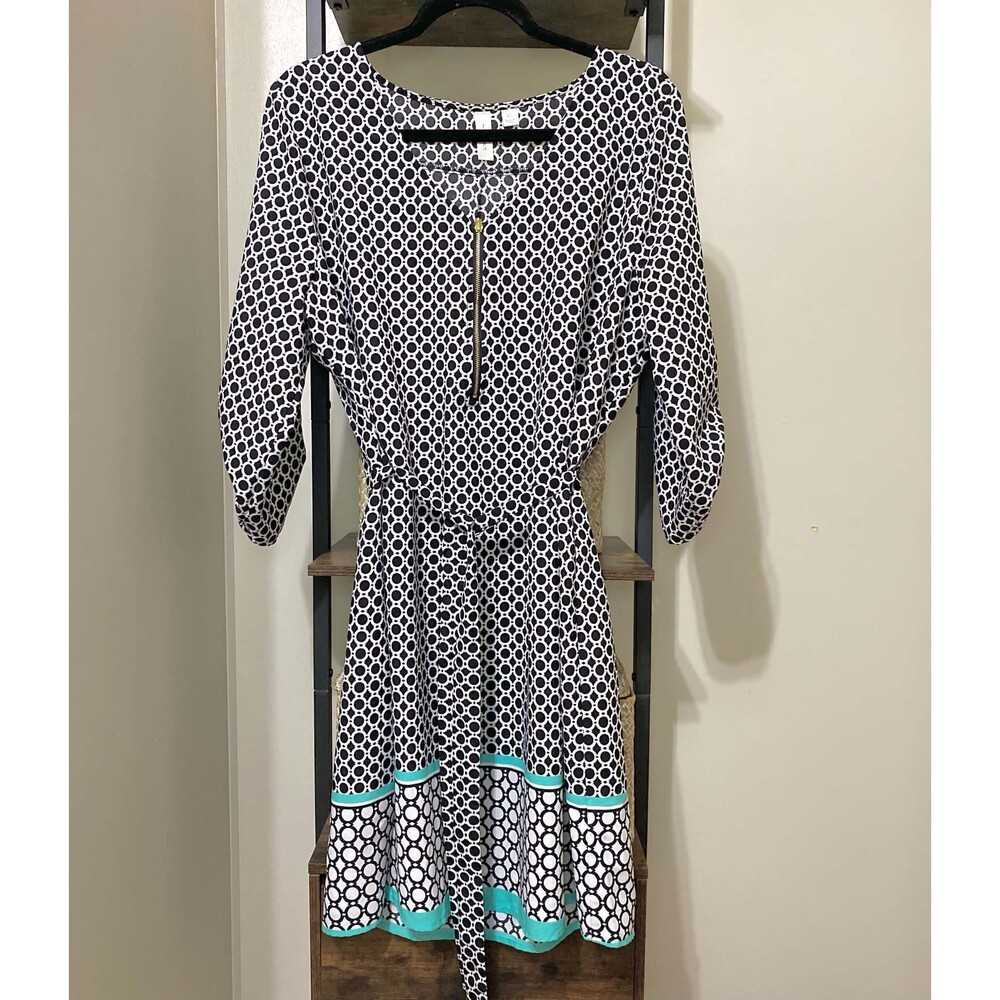Tacera Women’s XL Black & White Geometric Print Dress Turquoise Trim Long Sleeve